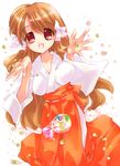  :d asahina_mikuru blush breasts brown_hair collarbone cowboy_shot hakama japanese_clothes kimono large_breasts long_hair long_sleeves looking_at_viewer miko nyanmilla open_mouth outstretched_arms red_eyes red_hakama smile solo suzumiya_haruhi_no_yuuutsu tareme very_long_hair wide_sleeves 