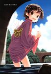  :d bridge brown_eyes brown_hair comic_rin fan focke_wulf forest highres japanese_clothes kimono looking_back nature non-web_source open_mouth paper_fan red_kimono river short_hair silhouette smile solo uchiwa wading water yukata 