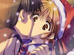  1girl comic_party game_cg hat hetero kiss mitsumi_misato non-web_source santa_hat sendou_kazuki snowing surprised tsukamoto_chisa wide-eyed 
