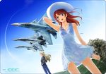  aircraft airplane blonde_hair blue_eyes breasts brown_hair cleavage collarbone condensation_trail day dress fighter_jet hands_in_pockets hat jacket jet long_hair military military_vehicle multiple_girls open_mouth original red_hair shirotsumekusa skirt small_breasts su-33 thigh_gap white_skirt 