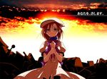  backlighting beret bow bowtie brown_hair dress fujitaka_(akasora) gen_1_pokemon gloom hat higurashi_no_naku_koro_ni looking_at_viewer non-web_source outdoors own_hands_together pokemon_(creature) puffy_short_sleeves puffy_sleeves purple_bow purple_neckwear ruins ryuuguu_rena short_hair short_sleeves solo translated upper_body white_dress 