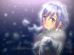  aria athena_glory breath coat from_behind green_eyes long_sleeves looking_at_viewer sakayama_shinta short_hair silver_hair snowing solo upper_body winter winter_clothes winter_coat 