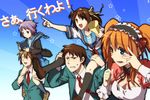  3girls a-ka asahina_mikuru cardigan carrying heterochromia kita_high_school_uniform koizumi_itsuki kyon megaphone multiple_boys multiple_girls nagato_yuki school_uniform serafuku short_hair shoulder_carry suzumiya_haruhi suzumiya_haruhi_no_yuuutsu waitress 