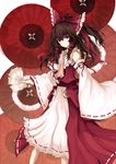  asagi_(kabocha_oukoku) ascot bad_id bad_pixiv_id bow brown_eyes brown_hair detached_sleeves dress hair_bow hair_tubes hakurei_reimu long_hair red_eyes solo touhou 