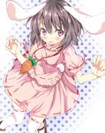  aa44 animal_ears bad_id bad_pixiv_id blush brown_hair bunny_ears bunny_tail carrot carrot_necklace dress highres inaba_tewi jewelry necklace open_mouth pendant pink_dress polka_dot polka_dot_background purple_eyes short_hair solo tail thighhighs touhou white_legwear zettai_ryouiki 