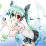  aqua_hair bad_id bad_pixiv_id bare_shoulders blush cosplay fang flipper green_eyes hair_ribbon hatsune_miku hatsune_miku_(cosplay) headphones heterochromia koss long_hair lyrical_nanoha mahou_shoujo_lyrical_nanoha_vivid media_player miniskirt musical_note nail_polish necktie open_mouth pleated_skirt red_eyes ribbon skirt solo sony tattoo thighhighs twintails very_long_hair vivio vocaloid walkman 