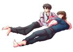  barefoot black_eyes black_hair brown_eyes brown_hair casual collaboration emiya_kiritsugu fate/stay_night fate/zero fate_(series) kotomine_kirei male_focus multiple_boys necktie sanada_(teketo) shinji_(metal-chan) shirt suspenders t-shirt tight_shirt 