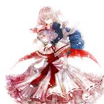  album_cover bat_wings blue_eyes blue_hair braid capelet cover curiosities_of_lotus_asia dress duca hat hug izayoi_sakuya knife maid maid_headdress multiple_girls red_eyes remilia_scarlet ribbon short_hair silver_hair touhou twin_braids wings 