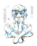  blue_eyes blue_hair hat kawashiro_nitori key kurona looking_at_viewer open_mouth simple_background sitting smile solo touhou translated two_side_up white_background 