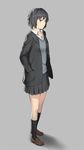  amagami black_jacket black_legwear blazer grey_background hand_in_pocket jacket kibito_high_school_uniform korosuke1 loafers long_sleeves nanasaki_ai pleated_skirt school_uniform shoes skirt socks solo standing 