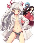  black_hair black_panties blue_dress blue_hair blush bow dress dress_shirt flat_chest fujiwara_no_mokou grey_eyes hair_bow hama_chon hat hat_removed headwear_removed houraisan_kaguya kamishirasawa_keine long_hair midriff multiple_girls navel neckerchief no_pants open_clothes open_shirt panties purple_eyes red_eyes shirt silver_hair skirt touhou underwear 