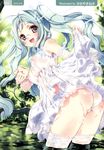  :d absurdres areolae ass bare_shoulders black_eyes dress dress_lift glasses green_hair highres kamiya_maneki lace lace-trimmed_thighhighs leaning_forward long_hair looking_at_viewer open_mouth original panties see-through smile solo thighhighs twintails underwear wet wet_clothes white_legwear white_panties 