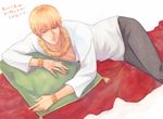  bad_id bad_pixiv_id blonde_hair bracelet casual fate/zero fate_(series) gilgamesh jewelry kamemushi male_focus necklace pillow red_eyes solo 