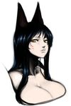  ahri animal_ears bad_id bad_pixiv_id black_hair breasts cleavage face facial_mark fox_ears large_breasts league_of_legends lips long_hair looking_at_viewer simple_background solo space_jin upper_body whisker_markings yellow_eyes 