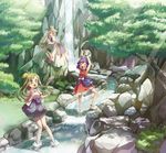  adapted_costume alternate_costume anklet arms_up bare_legs barefoot blonde_hair brown_eyes child closed_eyes day fish forest green_eyes green_hair jewelry kochiya_sanae long_hair long_legs moriya_suwako multiple_girls namisaki_yuka nature older open_mouth outdoors purple_hair river rock role_reversal salmon_(fish) short_hair smile stream sunlight touhou tree veil very_long_hair wading water waterfall yasaka_kanako younger 