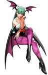  ass bare_shoulders bat_wings breasts capcom cleavage crossover demon_girl elbow_gloves gloves green_eyes green_hair head_wings highres huge_breasts large_breasts legs_crossed leotard long_hair medium_breasts mori_toshiaki morrigan_aensland nail_polish official_art pantyhose shinkiro sitting solo succubus tatsunoko_vs_capcom thighhighs vampire_(game) wings 