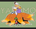  animal_ears blonde_hair bonnet brown_hair cat_ears cat_tail chen chibi dress earrings family gloves jewelry letterboxed long_sleeves multiple_girls multiple_tails onikobe_rin pointing pointing_forward prehensile_tail tail tail_stand touhou yakumo_ran yakumo_yukari 