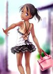  bag black_hair copyright_request from_behind highres kneepits looking_back norizou_type-r open_mouth panties ponytail purple_eyes solo spaghetti_strap tan tanline underwear 