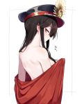  1girl bangs black_hair black_hat breasts fate/grand_order fate_(series) from_behind hat kodamari long_hair looking_at_viewer looking_back naked_sheet oda_nobunaga_(fate) peaked_cap profile red_eyes shoulder_blades simple_background small_breasts solo upper_body white_background 