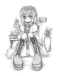  alice_margatroid bangs boots capelet cross-laced_footwear dress greyscale hands_on_own_knees indoors kurona labia lamp monochrome necktie panties pantyshot pantyshot_(sitting) photo_(object) plant potted_plant sash sitting smile solo table touhou underwear upskirt 