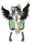  arm_cannon black_hair black_wings bow hair_bow kurona long_hair looking_at_viewer open_mouth reiuji_utsuho simple_background smile solo touhou weapon white_background wings 