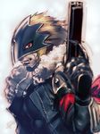  armband bad_id bad_pixiv_id beelzebumon blonde_hair blurry depth_of_field digimon digimon_tamers double_barrels fang gun handgun highres holding holding_gun holding_weapon jacket katou_teppei male_focus red_eyes simple_background solo third_eye trigger_discipline weapon 