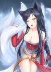  ahri animal_ears bare_shoulders black_hair braid breasts cleavage collarbone detached_sleeves dress facial_mark fang fingernails fox_ears fox_tail highres korean_clothes large_breasts league_of_legends long_fingernails long_hair looking_at_viewer multiple_tails nail_polish open_mouth red_ribbon ribbon ricegnat shiny shiny_skin smile solo strapless strapless_dress tail thighs tongue tongue_out whisker_markings yellow_eyes 