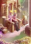  1girl anklet artoria_pendragon_(all) axe barefoot blonde_hair earrings fate/zero fate_(series) gilgamesh gold green_eyes highres jewelry long_legs necklace s87074877 saber sitting throne toga treasure weapon 
