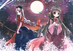  bad_id bad_pixiv_id black_hair bow bow_(weapon) braid branch brown_eyes full_moon hair_ribbon houraisan_kaguya jeweled_branch_of_hourai long_sleeves moon multiple_girls night ribbon risutaru shirt silver_hair skirt skirt_set sky smile star_(sky) touhou tree weapon wide_sleeves yagokoro_eirin 