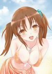  :d bikini blush breasts brown_eyes brown_hair cleavage covered_nipples front-tie_top fuku_d highres idolmaster idolmaster_cinderella_girls jewelry large_breasts leaning long_hair navel necklace open_mouth orange_sarong print_sarong sarong shiny shiny_skin smile solo swimsuit totoki_airi twintails yellow_eyes 