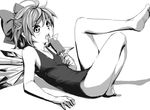  arm_support bow cirno curry_man food greyscale hair_bow lying monochrome on_back one-piece_swimsuit open_mouth popsicle short_hair solo swimsuit tongue tongue_out touhou wings 