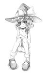  blush braid flat_chest greyscale hat kirisame_marisa kurona monochrome nipples open_mouth simple_background sitting solo topless touhou white_background witch_hat 