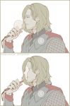  avengers bad_id bad_pixiv_id blonde_hair blue_eyes bubble_blowing cape chewing_gum marvel thor_(marvel) wavesheep 