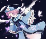  blue_eyes breasts bug butterfly cherry_blossoms fan folding_fan ghost hat hitodama insect japanese_clothes obi open_mouth petals pink_hair ribbon saigyouji_yuyuko sash short_hair small_breasts smile solo touhou triangular_headpiece yui_(soranohako) 