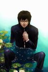  brown_hair closed_eyes cross cross_necklace fate/zero fate_(series) flower highres jewelry kotomine_kirei lily_pad male_focus mujun_no_kuro necklace partially_submerged realistic solo water 