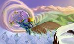  cliff clothed clothing detailed_background equine female feral flying footprint friendship_is_magic grin hair horse mammal mountain multi-colored_hair my_little_pony pegasus pony purple_eyes rainbow_dash_(mlp) rainbow_hair snow tornado tree tsitra360 wings wood 