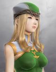  3d bare_shoulders blonde_hair blue_eyes breasts forehead_jewel freya_(valkyrie_profile) hat highres kylda lips medium_breasts realistic signature solo upper_body valkyrie_profile 