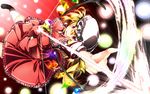  arrow ascot blonde_hair bow bow_(weapon) dress fang flandre_scarlet hat hat_ribbon loafers open_mouth outstretched_arm red_eyes ribbon shoes short_hair side_ponytail skirt skirt_set smile solo sugiyuu thighhighs touhou weapon white_legwear wings 