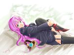  black_panties breasts cyprus garter_belt glasses headphones leg_hug long_hair looking_at_viewer lying medium_breasts megurine_luka on_back panties purple_hair smile solo thighhighs underwear very_long_hair vocaloid 