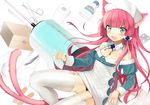  animal_ears bandages bare_shoulders blue_eyes blush box breasts cat_ears cat_tail forked_tail garters hair_ornament hat heart ichijou_kokona large_breasts large_syringe long_hair looking_at_viewer md5_mismatch midorikawa_you multiple_tails nurse nurse_cap open_mouth original oversized_object panties pink_hair smile solo syringe tail thighhighs underwear white_legwear 