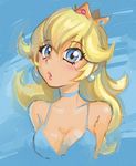  :o blonde_hair blue_eyes blush bra breasts choker cleavage crown earrings ilya_kuvshinov jewelry lingerie lipstick long_hair makeup mario_(series) medium_breasts princess_peach sketch solo strap_gap super_mario_bros. underwear 