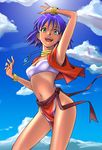  armpits arms_up bad_id bad_pixiv_id bandeau bob_cut bracelet breasts cloud dark_skin day earrings from_below fushigi_no_umi_no_nadia green_eyes highres jewelry loincloth midriff nadia navel neck_ring necklace open_mouth pelvic_curtain purple_hair short_hair sky small_breasts smile solo strapless tubetop vest wind yu-yu_(quelsunwell) 