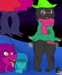  2018 absurd_res balls blush caprine clothing deltarune drooling erection eyebrows eyewear female floppy_ears fur glasses goat group hi_res human kris_(deltarune) lancer magic male mammal nude open_mouth outside paws penis ralsei reptile saliva scalie smile standing susie_(deltarune) tree unknown_artist video_games 