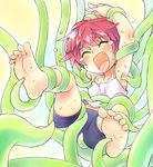  armpits barefoot bike_shorts blush closed_eyes copyright_request fang feet foot_tickling full_body oyatsu_(mk2) red_hair short_hair soles solo spaghetti_strap sweat tentacles tickle_torture tickling toenails toes 