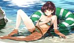  ao_no_exorcist arm_support barefoot bikini blush breasts brown_hair clenched_teeth innertube kabocha_(monkey4) kamiki_izumo long_hair long_legs multicolored multicolored_stripes partially_submerged ponytail red_eyes small_breasts solo striped striped_bikini swimsuit teeth untied water wide_ponytail 