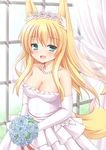  animal_ears aqua_eyes bare_shoulders blonde_hair blush bouquet breasts cleavage dress elbow_gloves flower fox_ears fox_tail gloves highres jewelry long_hair medium_breasts necklace original solo tail wedding_dress window yuu_(yu0221f) 