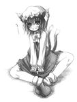  animal_ears blush cat_ears cat_tail chen greyscale hat indian_style jewelry kurona monochrome multiple_tails open_mouth simple_background single_earring sitting smile solo tail touhou white_background 