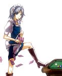  bad_id bad_pixiv_id blue_eyes braid card food inmir izayoi_sakuya knife looking_at_viewer pocky pool_table short_hair simple_background solo touhou white_background 