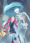  1girl bag cellphone chibiibiru headphones highres long_hair open_mouth original phone pink_eyes pink_hair rain skeleton skirt solo thighhighs twintails umbrella 