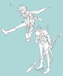  1boy 1girl armor blue_background boots cain_highwind coat dissidia_final_fantasy final_fantasy final_fantasy_iv final_fantasy_xiii helmet lightning_farron monochrome out_of_character pixiv_thumbnail polearm resized sato_(ginger) scarf skirt spear weapon 